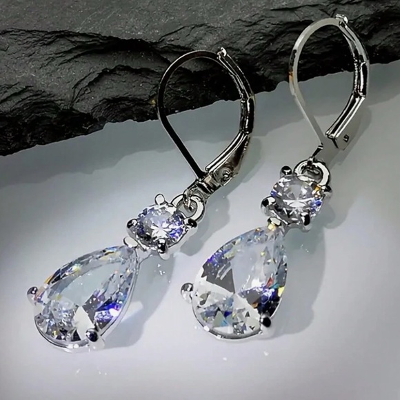Any 4/$25! Silver Crystal Teardrop Lever Back Earring - Picture 3 of 6